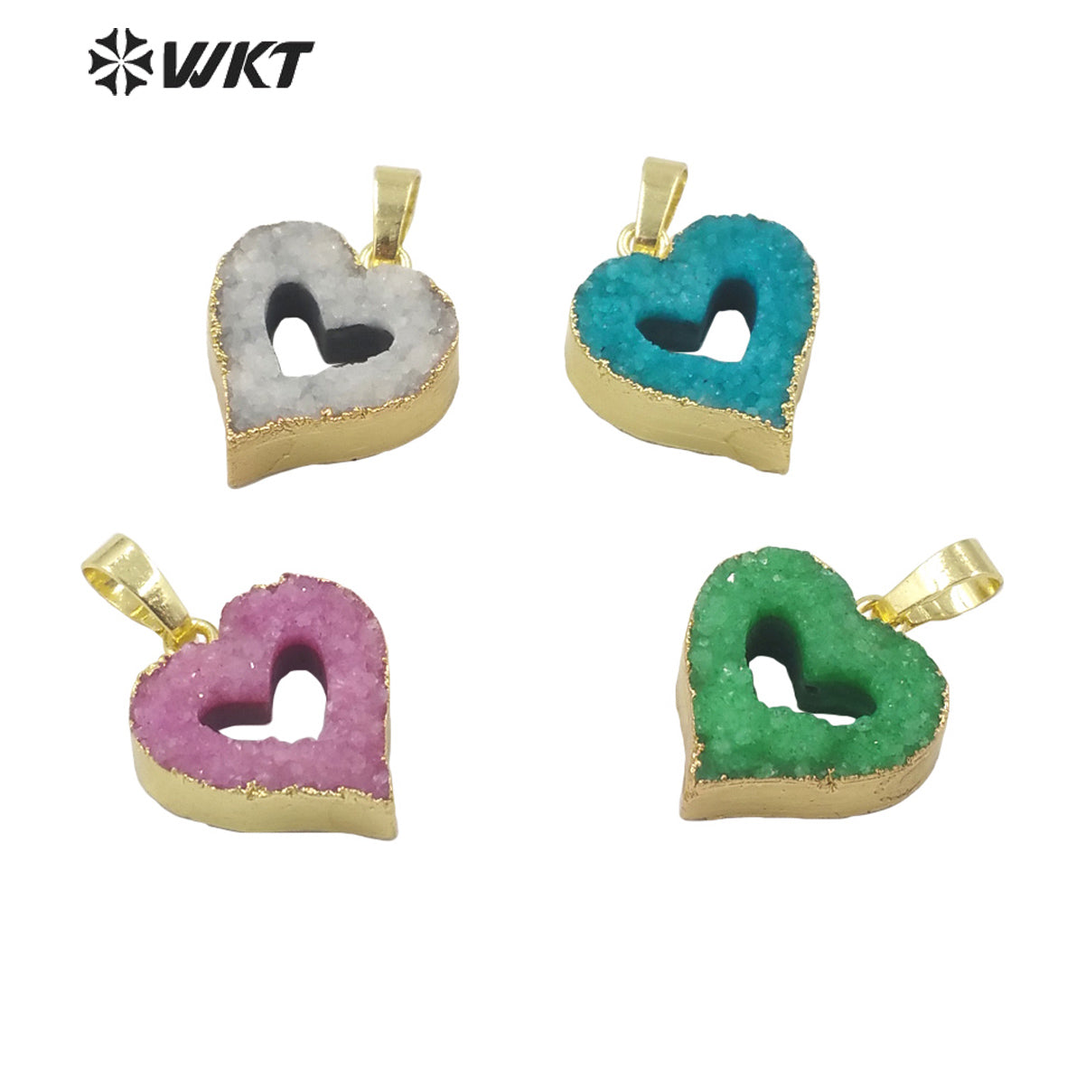WT-P1668 Wholesale Fashion Small Hollow Heart Druzy Quartz Pendant Resist Tarnishable Gold Trim Druzy Heart Pendant