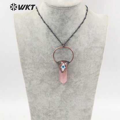 WT-N1391 Vintage Bohemian Hexagon Rose Quartz Stone Necklace Antique Copper Hematite Beads Chain Pendant Necklace