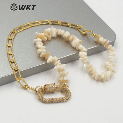 WT-MN976 New Autumn Design Women Vintage Gravel Shell Chain Necklace 18k Gold Plated Clasp Connector Necklace