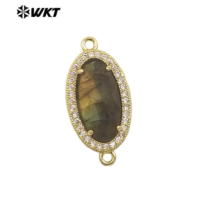 WT-C334 New Arrivals 18K Gold Plated Small Zircon Oval Multicolored Gemstone Necklace Pendant Connector Jewelry Accessories