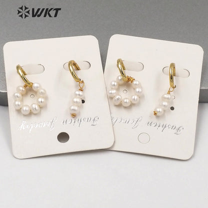 WT-MPE052 Populared Hand Strand Natural Freshwater Pearl Round Earrings 18k Gold Plated PEARL Beads Earrings with Clasp Studs