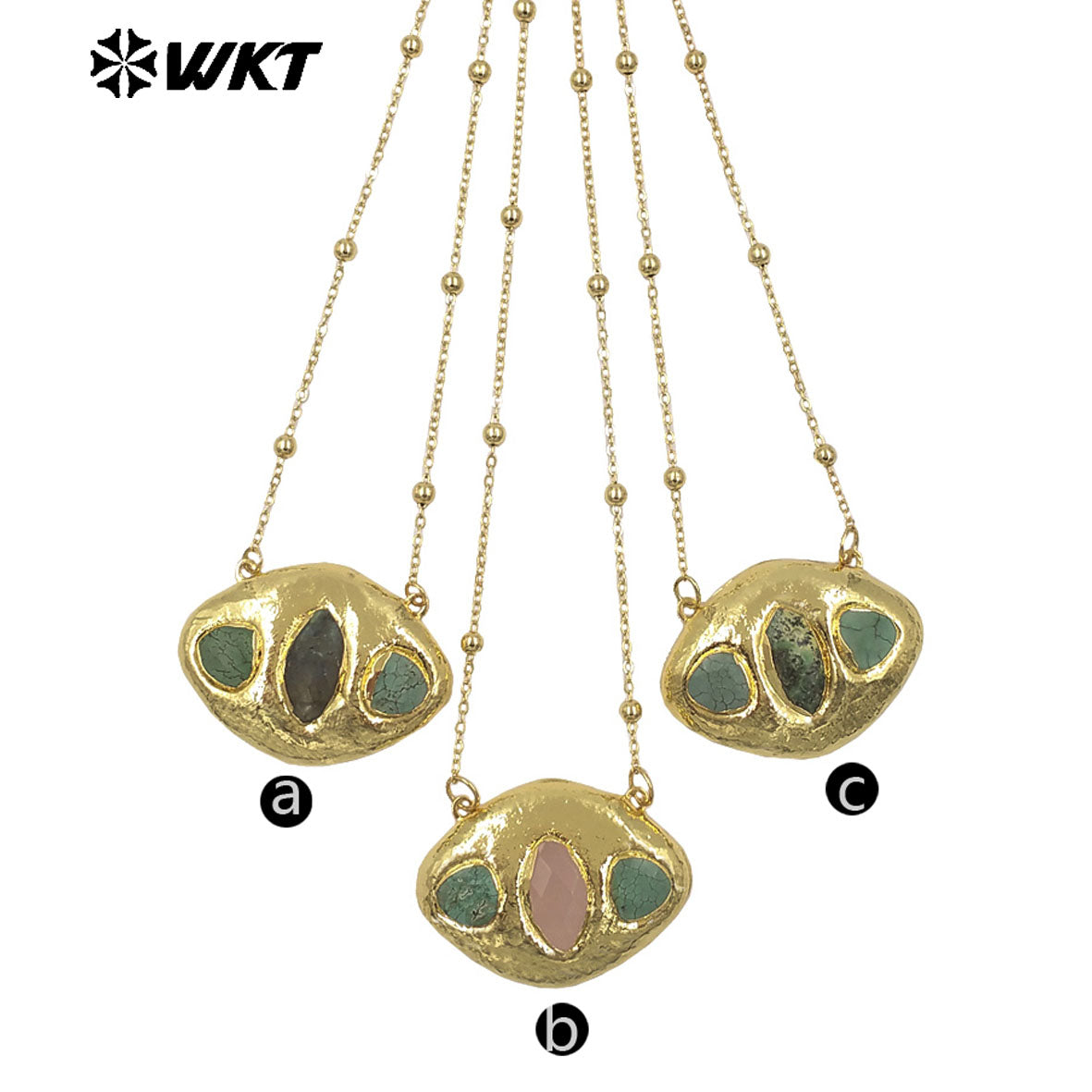 WT-N1529 Boutique 18K Gold Plated Thin Bead Chain With Three Natural Gemstones Pendant Necklaces As Women Elegant Jewelry