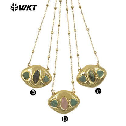 WT-N1529 Boutique 18K Gold Plated Thin Bead Chain With Three Natural Gemstones Pendant Necklaces As Women Elegant Jewelry