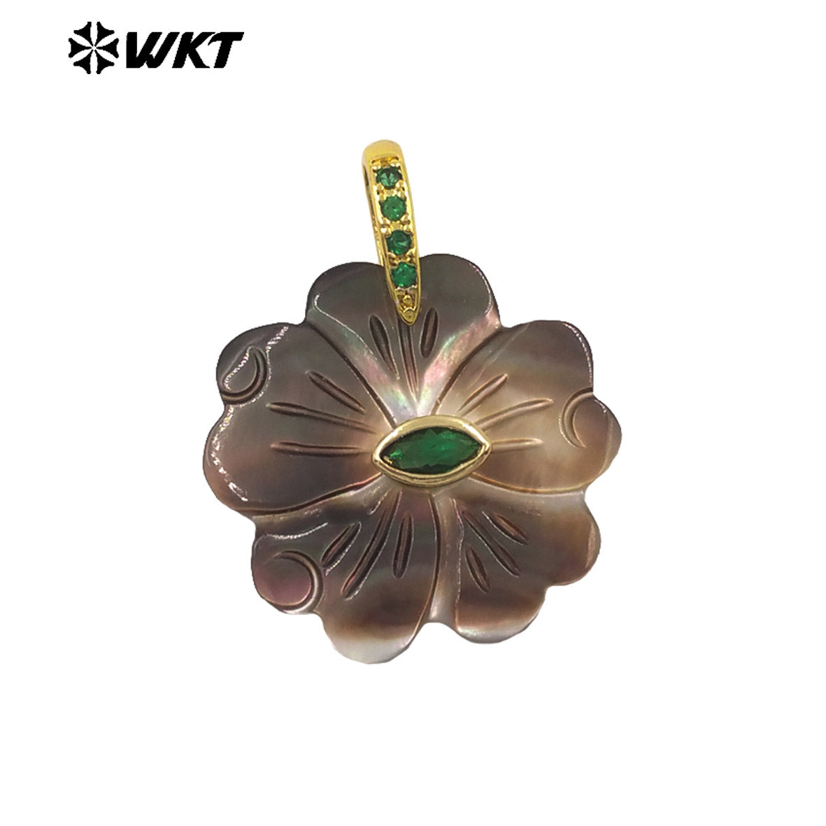 WT-JP485 Exquisite Corolful Zircon And White Shell Carved Flower Shape Gold Pendants For Lady Beautiful Earrings DIY Design