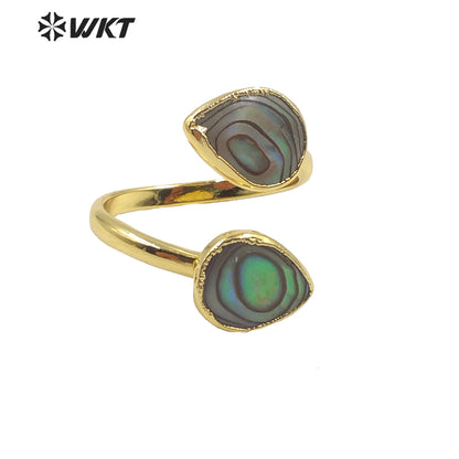WT-MPR002 Women Adjustable Size Double Drop Green Abalone Shell Rings Gold Electroplated Summer Style Tea Drop Shell Rings