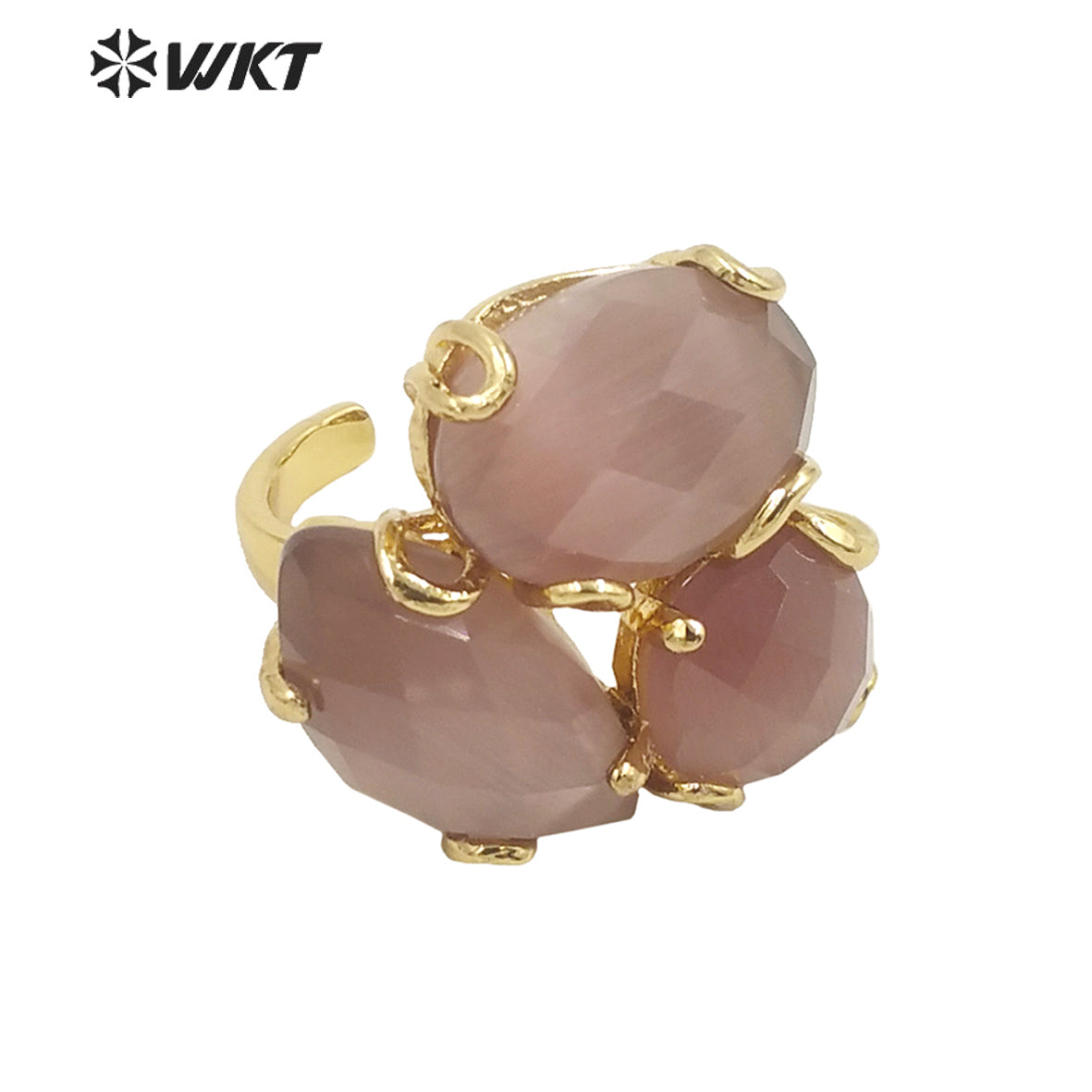 WT-R420 Europe Court style colorful Cat Eye stone Ring 18k real gold plated triple stone Flower Ring with Prong setting
