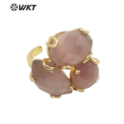 WT-R420 Europe Court style colorful Cat Eye stone Ring 18k real gold plated triple stone Flower Ring with Prong setting