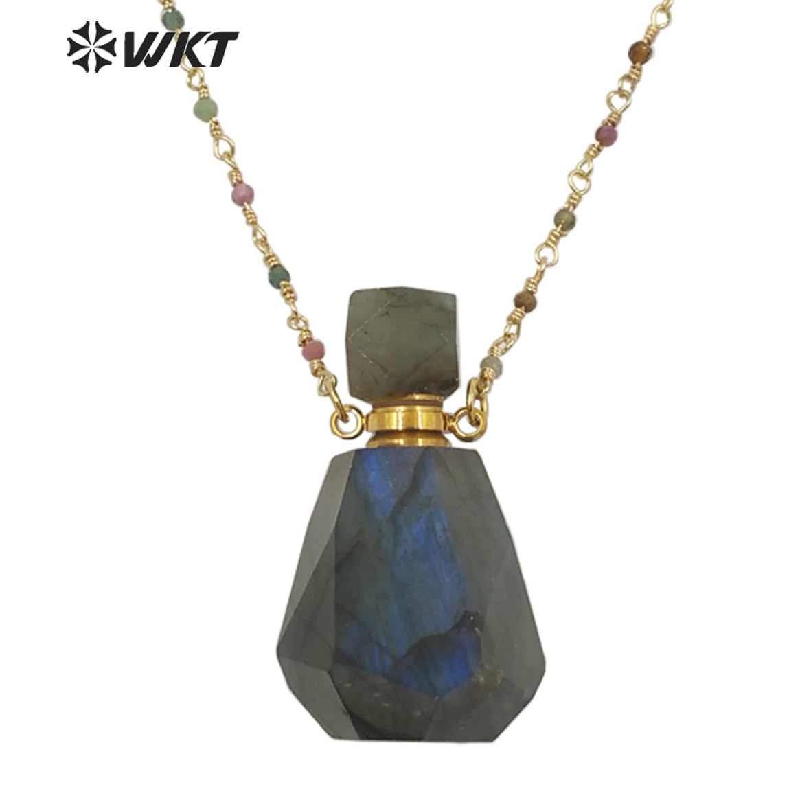 WT-N1268 WKT Precious 18 Inch Long rainbow Tourmaline Chain Perfume Bottle Necklace High Flash Labradorite Bottle Necklaces