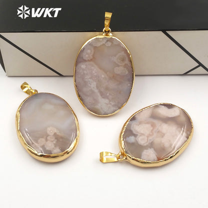WT-JP125 Wholesale New Arrival Natural Pattern and Color Stones Pendant With 18K Gold Plated Oval Cherry Agate Pendant