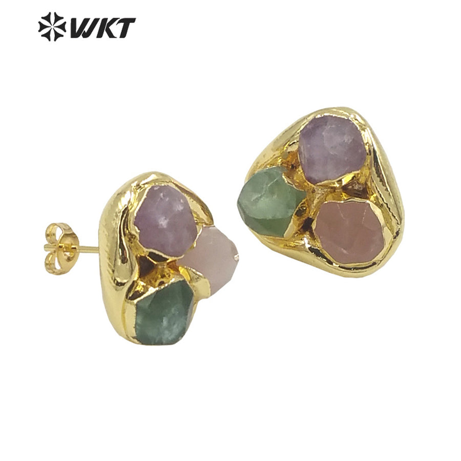 WT-E748 Newest WKT Exclusive Design Natural Triple Assemble Blue Agate Flower Shape Stone Studs America Hot Earrings