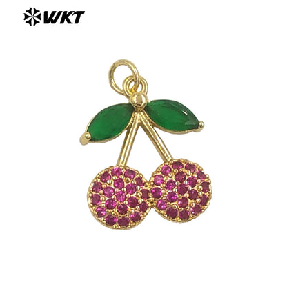 JFE156 High Quality Fruit Series Double Cherries Charm Pendant Yellow Brass With Drop Oil White And Purple Color Finding