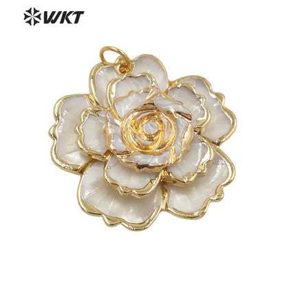 WT-JP241Wholesale New Amazing Hand Carved Big Shell Flower Pendant with Gold Trim Fashion Beauty Natural White Shell Flower