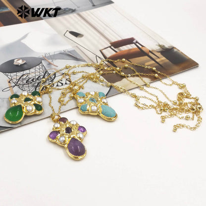WT-JN297 Brand New Product Elegant 18K Gold Plated Pearl Turquoise Cross Unisex Pendant Necklace Fashion Jewelry Accessories