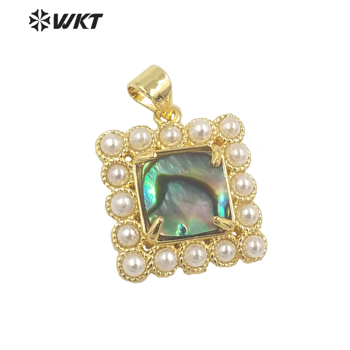WT-JP356 Unique Gold Claw Setting Natural Square Abalone Shell Pendants With Artificial Pearl Charming Jewelry Pendants