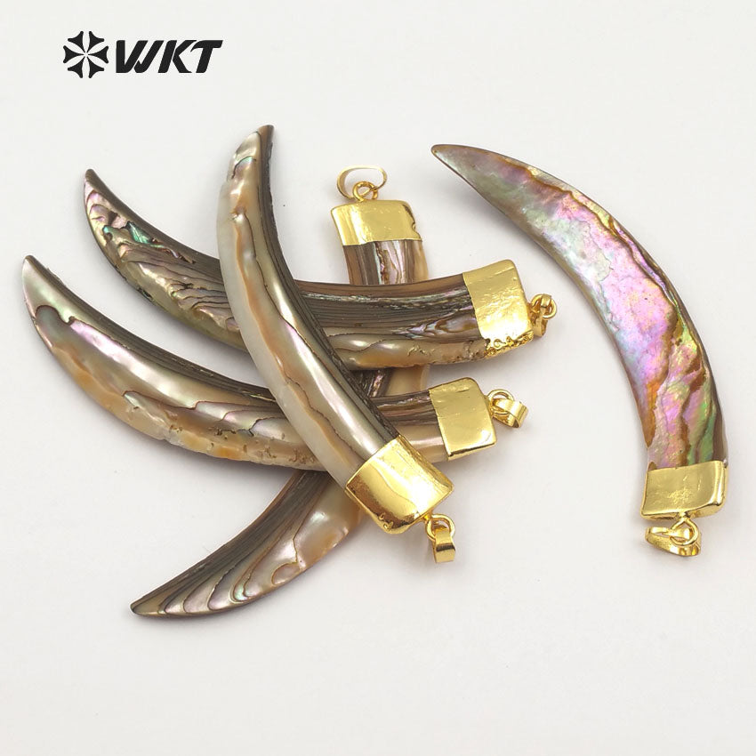 WT-JP063 Big Knife Shape Abalone Shell With Gold Capped Long Moon Women Stylish Necklace Pendant Natural Sea Shell Horn Pendant