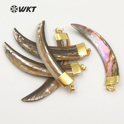 WT-JP063 Big Knife Shape Abalone Shell With Gold Capped Long Moon Women Stylish Necklace Pendant Natural Sea Shell Horn Pendant
