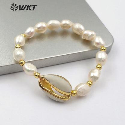WT-B458 New Fashion Handmade Jewelry Adjustable Bracelets Gold Brass Beads and Pearl and Full or Half Plated Cowrie Bracelets