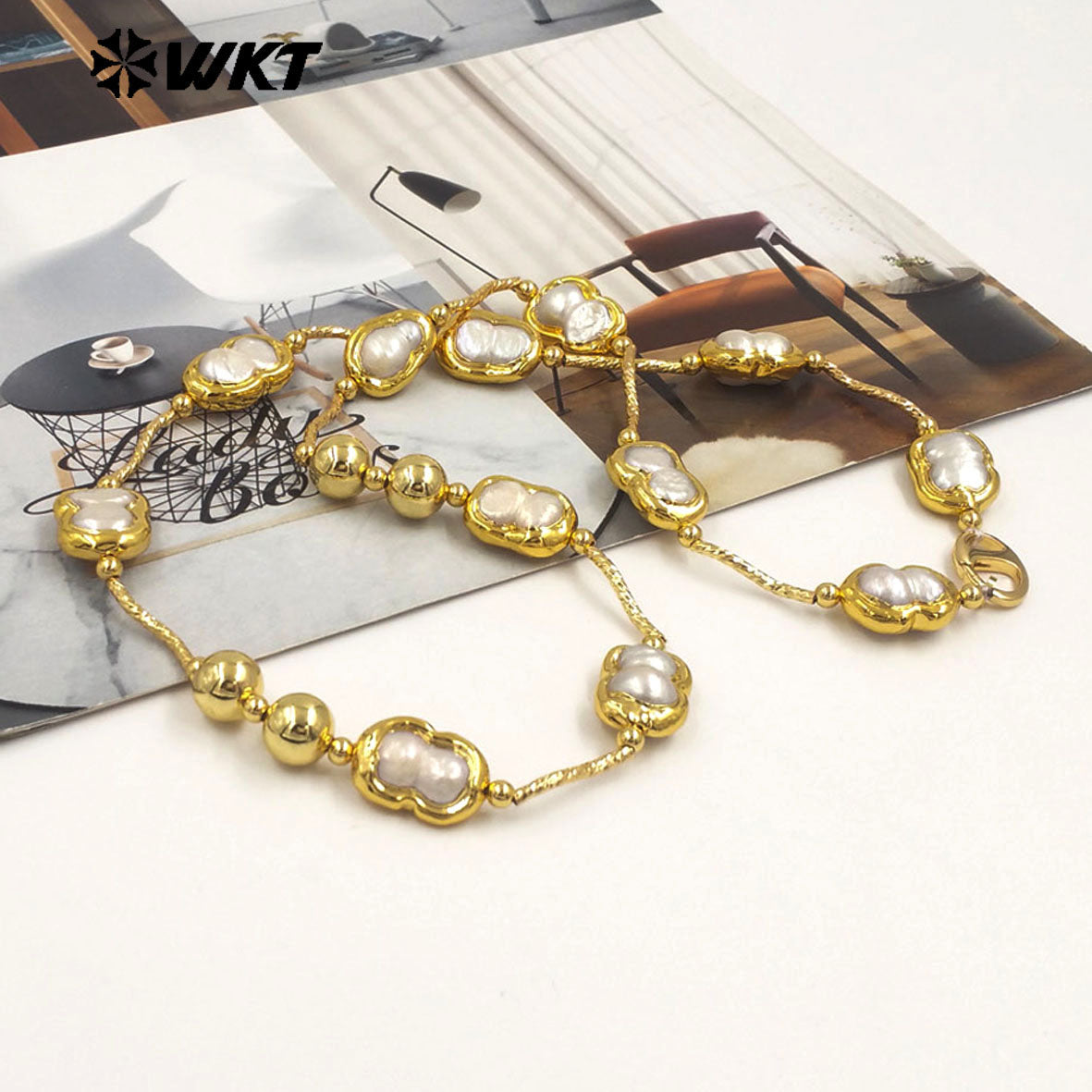 WT-JN321 High Quality Fashion Women 18K Real Gold Plated Resist Tarnished Natural Freshwater Pearl Necklace in Letter 8 Shape