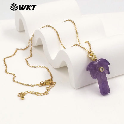 WT-N1534 Amazing Various Natural Gemstones Carved Coconut Trees Shape Charms Gold Necklaces For Women Fashionable Jewelry