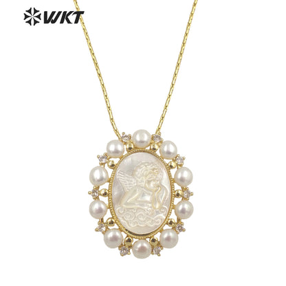 WT-JN165 WKT Attractive Angel White Shell and Pearl Nice Party Jewelry Necklace for Women Fashion Retro Necklace
