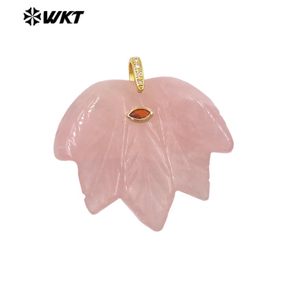 WT-P2136 Delicate Fashion Zircon And Natural Gemstones Carved Leaf Shape Gold Pendants For Lady Handmade Necklace Design