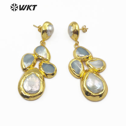 WT-E496 Gold Electroplated Pearl Jewelry for Wedding Jewelry Irregular Shape Pearl Drop Earring Freshwater Pearl Earring