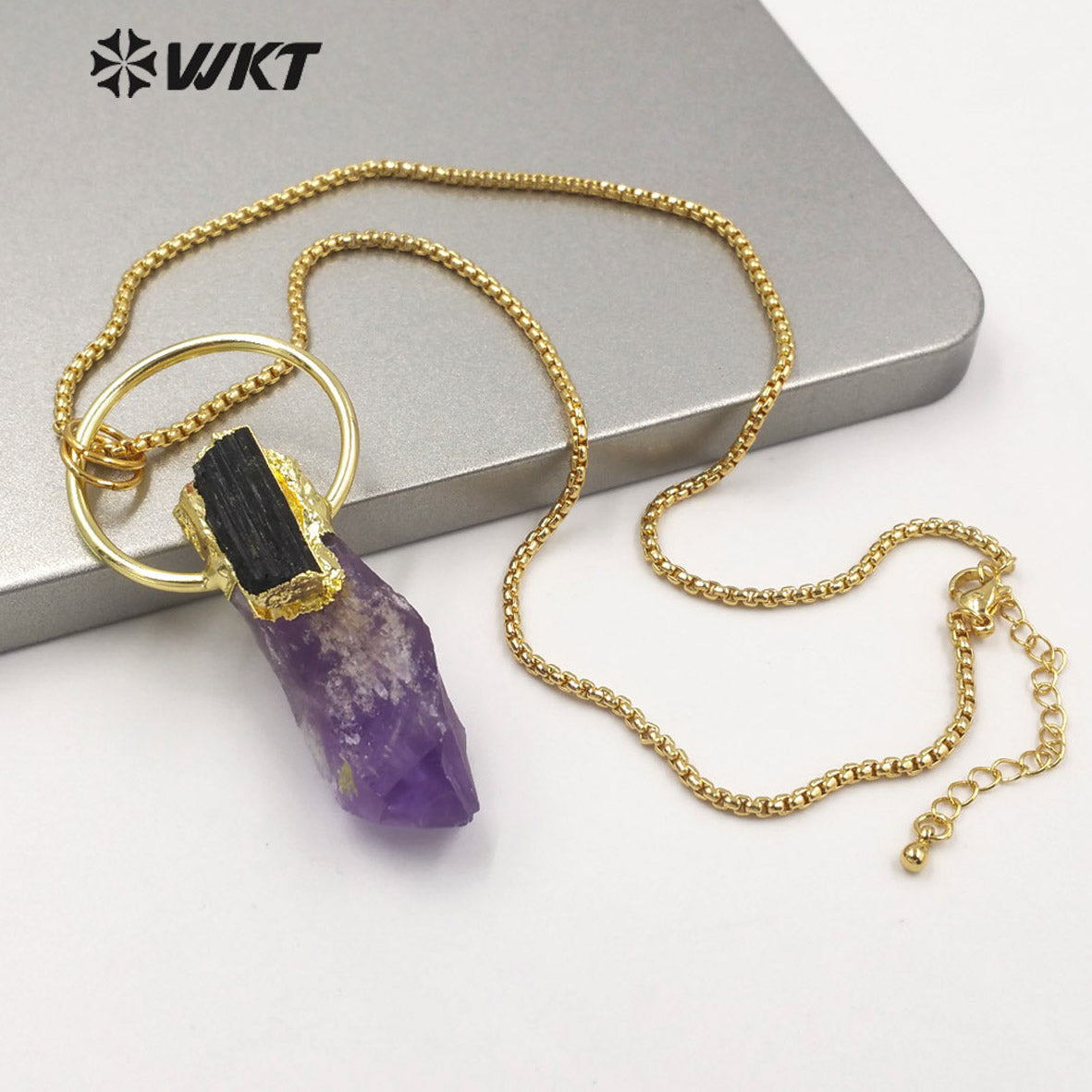WT-N1266 Gorgeous New Big Amethyst Point Energy Stone Necklace Lady Lucky Stone Necklace With Gold Plated in 18 Inch Long