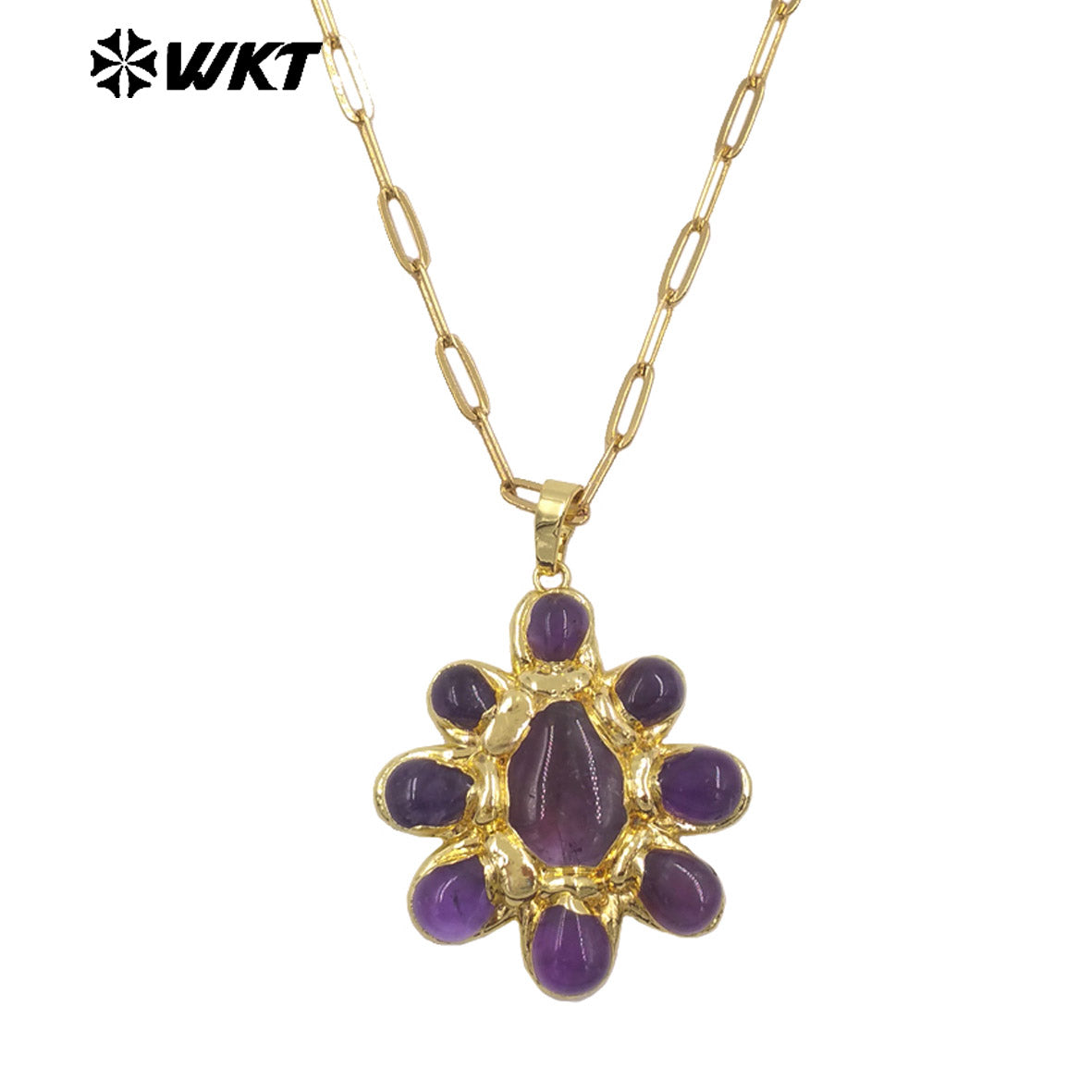 WT-N1528 High Quality Gold Electroplated Amethyst Natural Gemstones Pendants Necklaces For Women Unique Jewelry Present