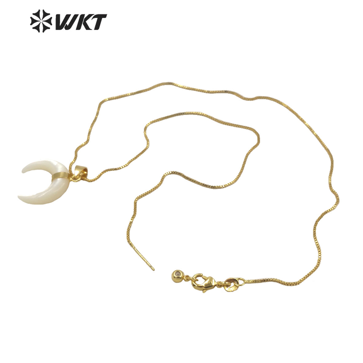 WT-JN147 Wholesale Hot Sale 2023 Bright Natural Mother of Pearl Crescent Horn Necklace 18K Real Gold Plated Bezel Tiny Horn Chain
