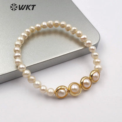 WT-B497 Wholesale Natural Pearl Bracelets Two Color With Gold Electroplated Women Stylish Charm Freshwater Pearl Bracelet