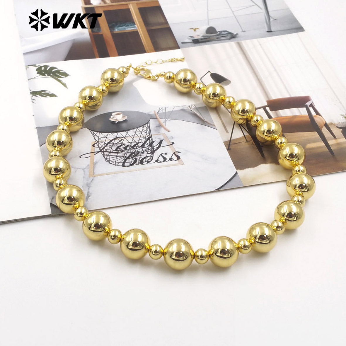 WT-JFN15 New Popular Simple Cool 18K Real Gold Plated 16MM Big Brass Ball Beads Women Necklace With Extend 18inch Long