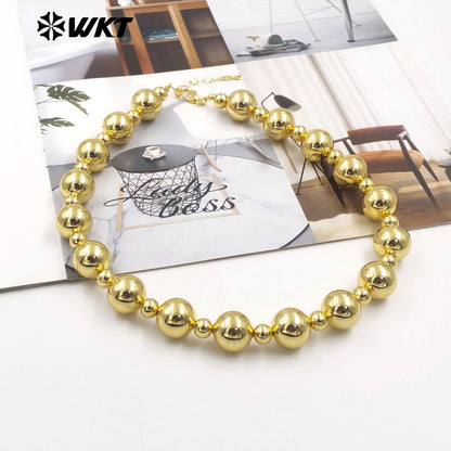 WT-JFN15 New Popular Simple Cool 18K Real Gold Plated 16MM Big Brass Ball Beads Women Necklace With Extend 18inch Long