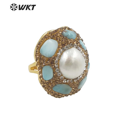 WT-R445 Wholesale Fashion 18k Gold Plated Gorgeous Rhinestone Decorative Turquoise Pearl Party Ring Daily Wearing Women Rings