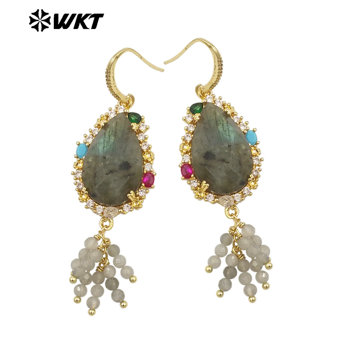 WT-ME107 WKT New Design Most Popular Handmade Wire Wrapped Tiny Beads Dangle Drop Stone Earring With Hoop Gold Party Studs