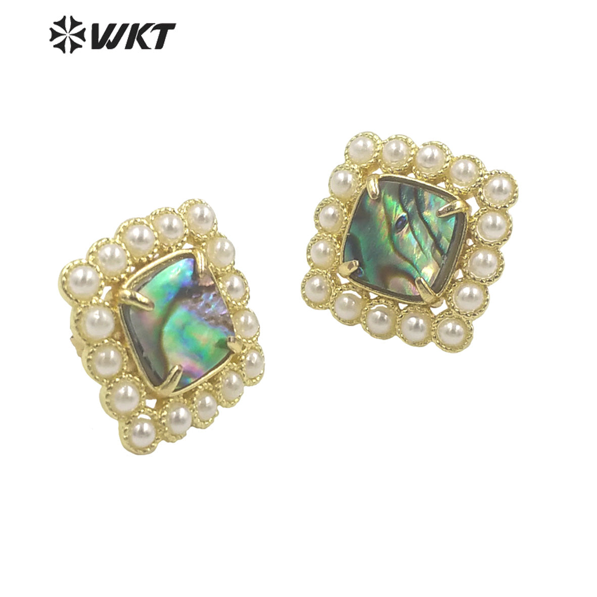 WT-MPE119 Latest Design Fashion Square Shape Claw Setting With Natural Shell Inner Gold Plated Women Studs