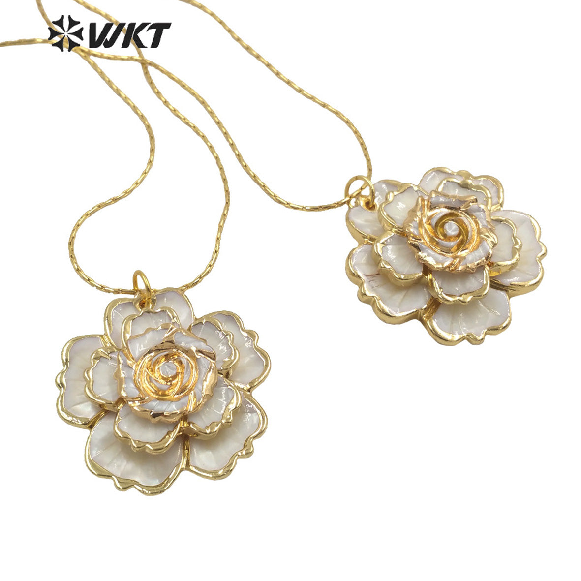 WT-JN143 Wholesale Gold Plated Women Handmade Carved Rose Flower Pendant Necklace Multi Layer White Shell Flower Necklace