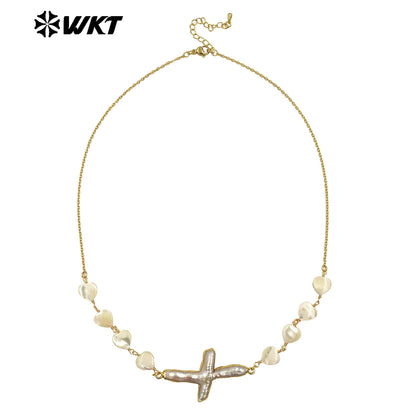 WT-JN301 Wholesale Private Label Religious 18K Gold Plated Love Beads Cross Pendant Women Necklace As Birthday Gift Jewelry