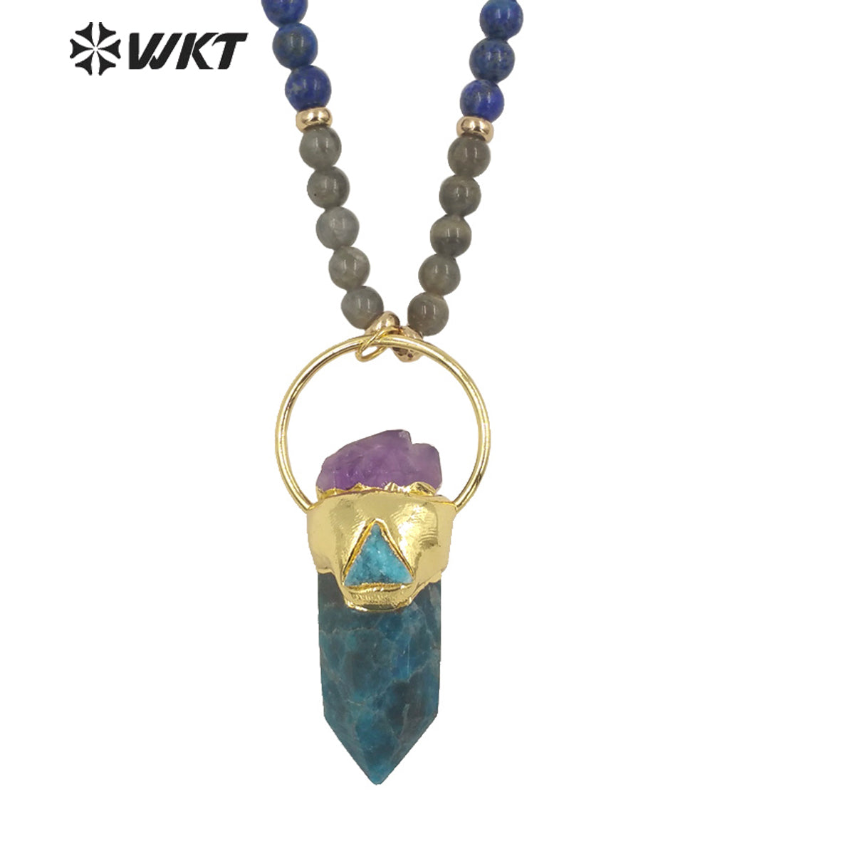 WT-N1337 WKT Powerful Energy Cylinder Shape Blue Apatite Amazonite Mix With Amethyst Long Beads Necklace Gemstones Beads Chain