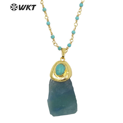 WT-N1288 Amazing Natural Raw Blue Fluorite Stone Necklace with Turquoise Charm High Fashion Gold Plated Gemstone Necklace