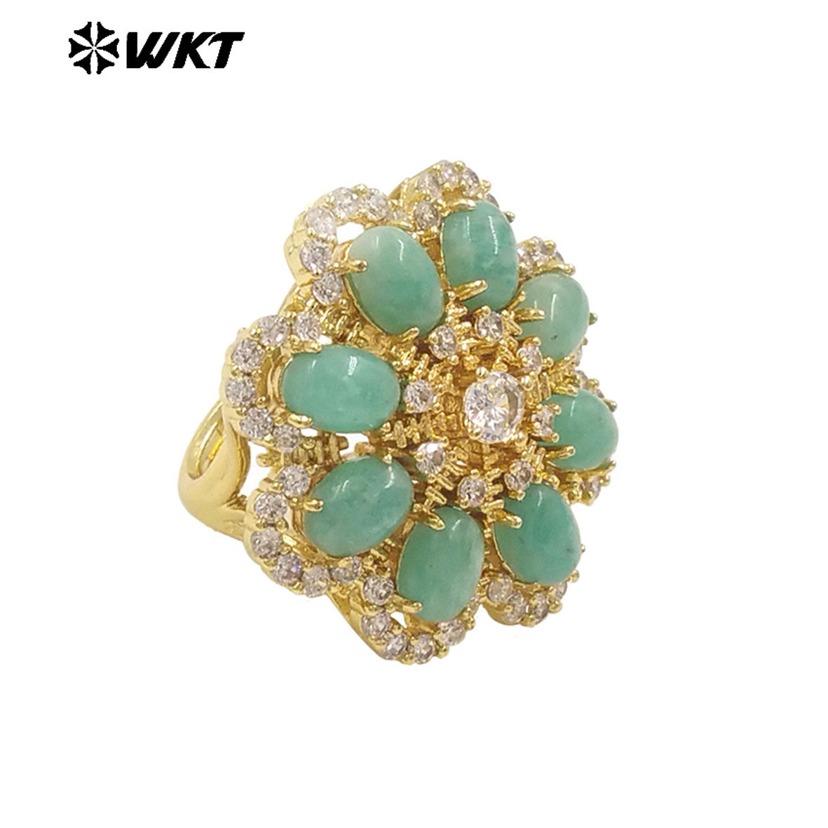 WT-R542 Wholesale Fashion Gold Micro Pave Cubic Zircon With Natural Gemstone Setting Beautiful Women Flower Ring