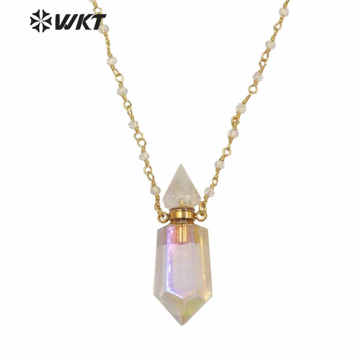 WT-N1233 Wholesale Women Double Point Aura Crystal Quartz Point Necklace Gold Plated Crystal Rosary Beads Spirit Bottle Necklace