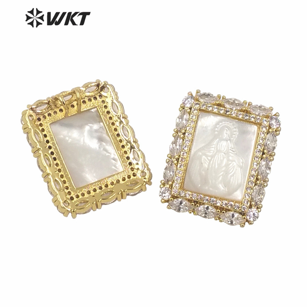 WT-MP145 New Natural MOP Shell Carved Virgin Mary square Pendant Fashion Gold Electroplated Cubic Zircon White Shell Pendants