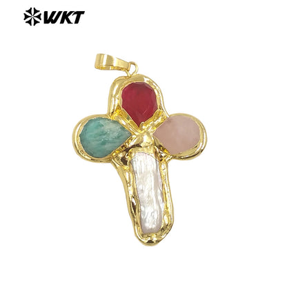 WT-JP382 Classic Cross Shape With Colored Natural Stone Pearl and 18k Gold Plated Pendant for Necklace Accessory