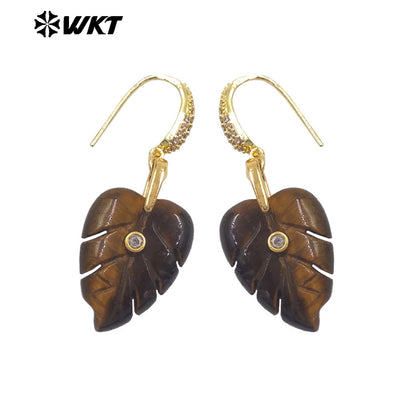 WT-E829 Wholesale Popular Zircon And Colorful Natural Gemstones Carved Leaf Shape Gold Earrings For Women Lovely Jewelry
