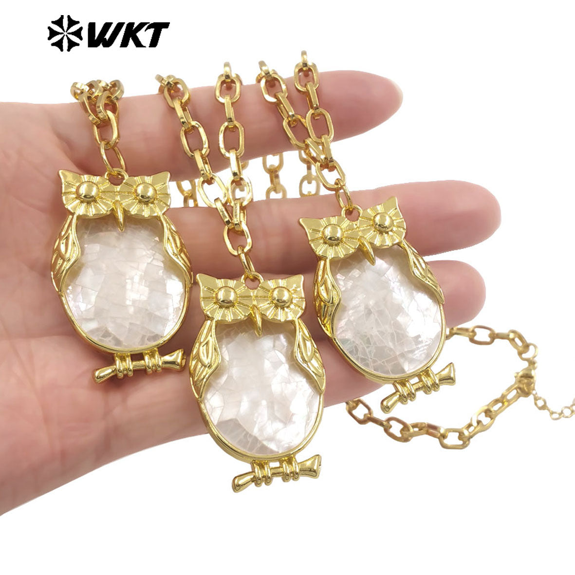 WT-JN337 Excellent Lovely Style Jewelry 18K Gold Plated Natural Shell Owl Shape Pendant Necklace For Trend Birthday Gift