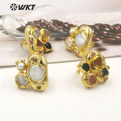 WT-MPR084 Amazing Gorgeous Women 18K Real Gold Plated Multi Pearls Fashion Cocktail Ring for Wedding Anniversary