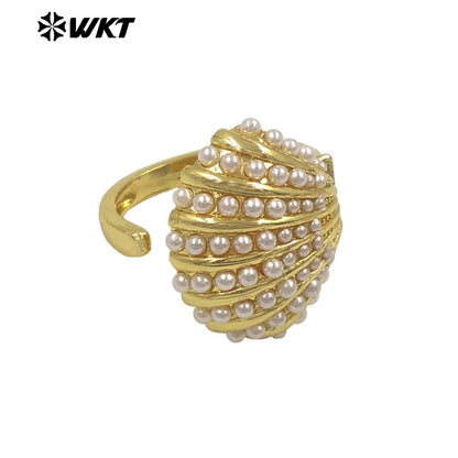 WT-MPR163 Wholesale Luxury Delicate Gold Plated Artificial Pearl Metal Shell Shape Ring For Lady Wedding Wearing Jewelry