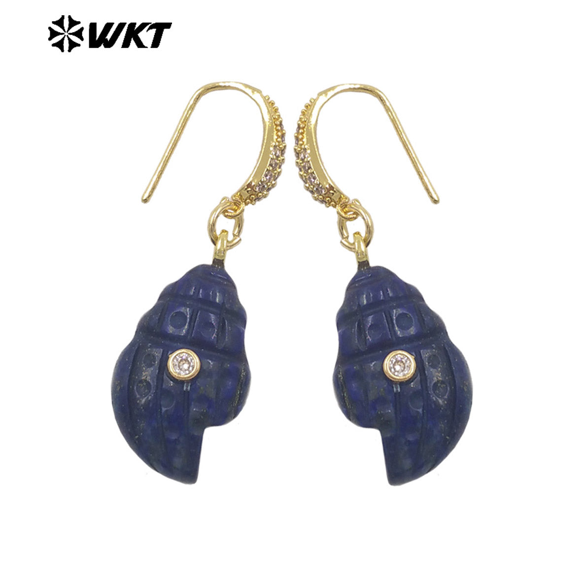 WT-E828 New Product Zircon And Various Natural Gemstones Conch Shape Gold Earrings For Girls Summer Beach Wearing Accessory