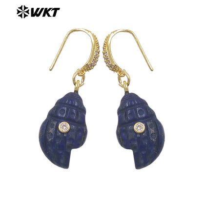 WT-E828 New Product Zircon And Various Natural Gemstones Conch Shape Gold Earrings For Girls Summer Beach Wearing Accessory