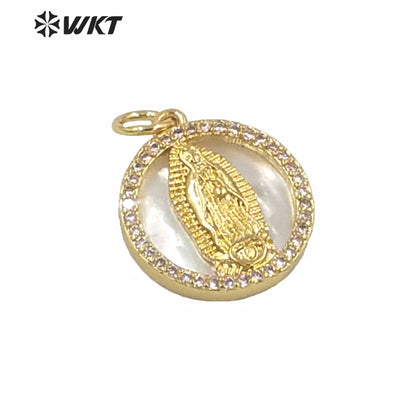 WT-MP156 WKT New Charming 15MM Natural Round Mop Shell Pendants Fashion Populared White Shell Gold Virgin Mary Pendants